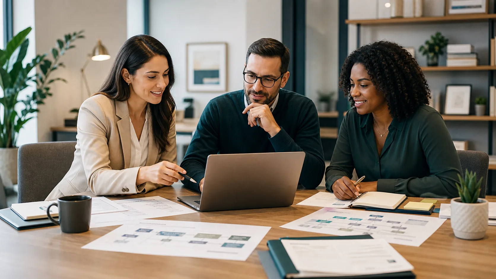 Business operations team reviewing workflow documents together